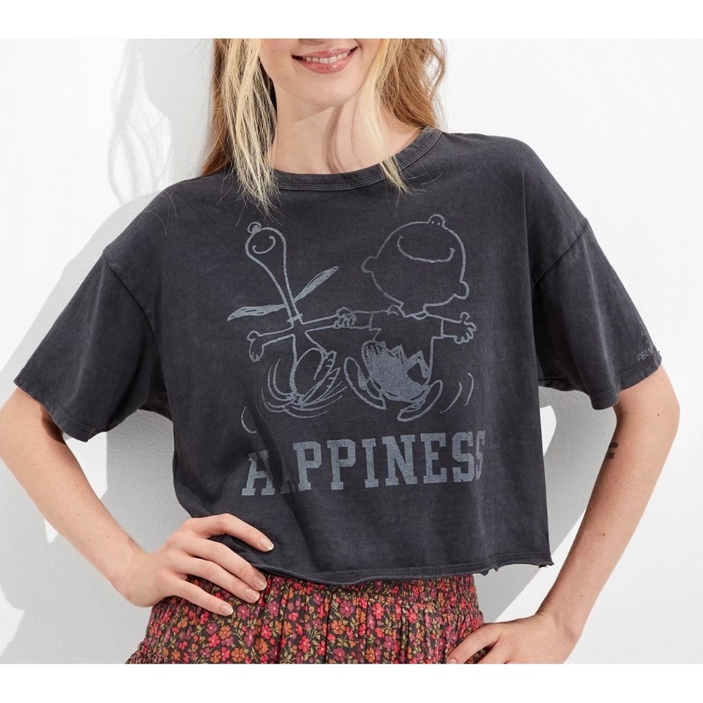 American Eagle Peanuts Charlie Brown Snoopy Happiness Crop Top Gray Large